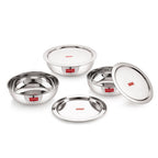 Stainless Steel Tasla/Kadai With Lid - Set of 3(1000, 1500, 1800 ML) in an angled product photograph.