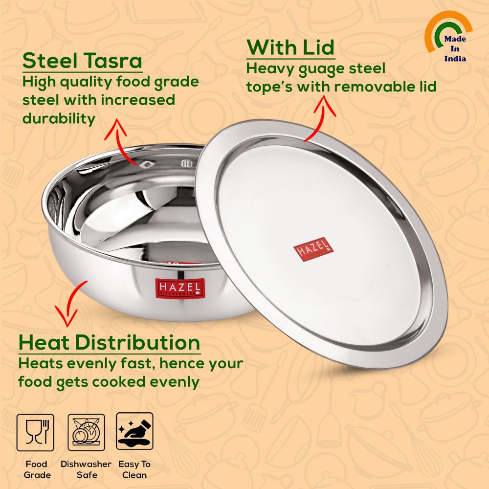 Stainless Steel Tasla Kadai with Lid | Deep Cooking & Serving Pot with dimension labels.