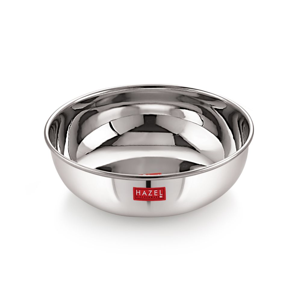 Stainless Steel Tasla/Kadai With Lid - Set of 3(1000, 1500, 1800 ML) shown in a serving setup.