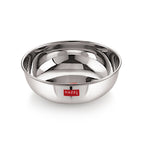 Stainless Steel Tasla/Kadai With Lid - Set of 3(1000, 1500, 1800 ML) shown in a serving setup.