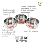 Feature infographic describing the versatile 3-tier stackable pans for steaming, cooking, and storing food