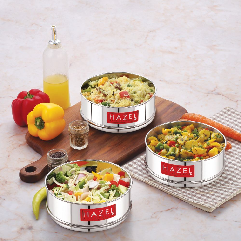 Stainless Steel Pressure Cooker Dabba Set, Flat Stackable Containers