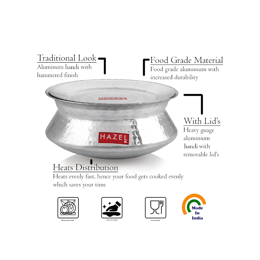 Degri pot with lid annotated with feature callouts for traditional hammered look, removable.