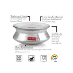 Degri pot with lid annotated with feature callouts for traditional hammered look, removable.