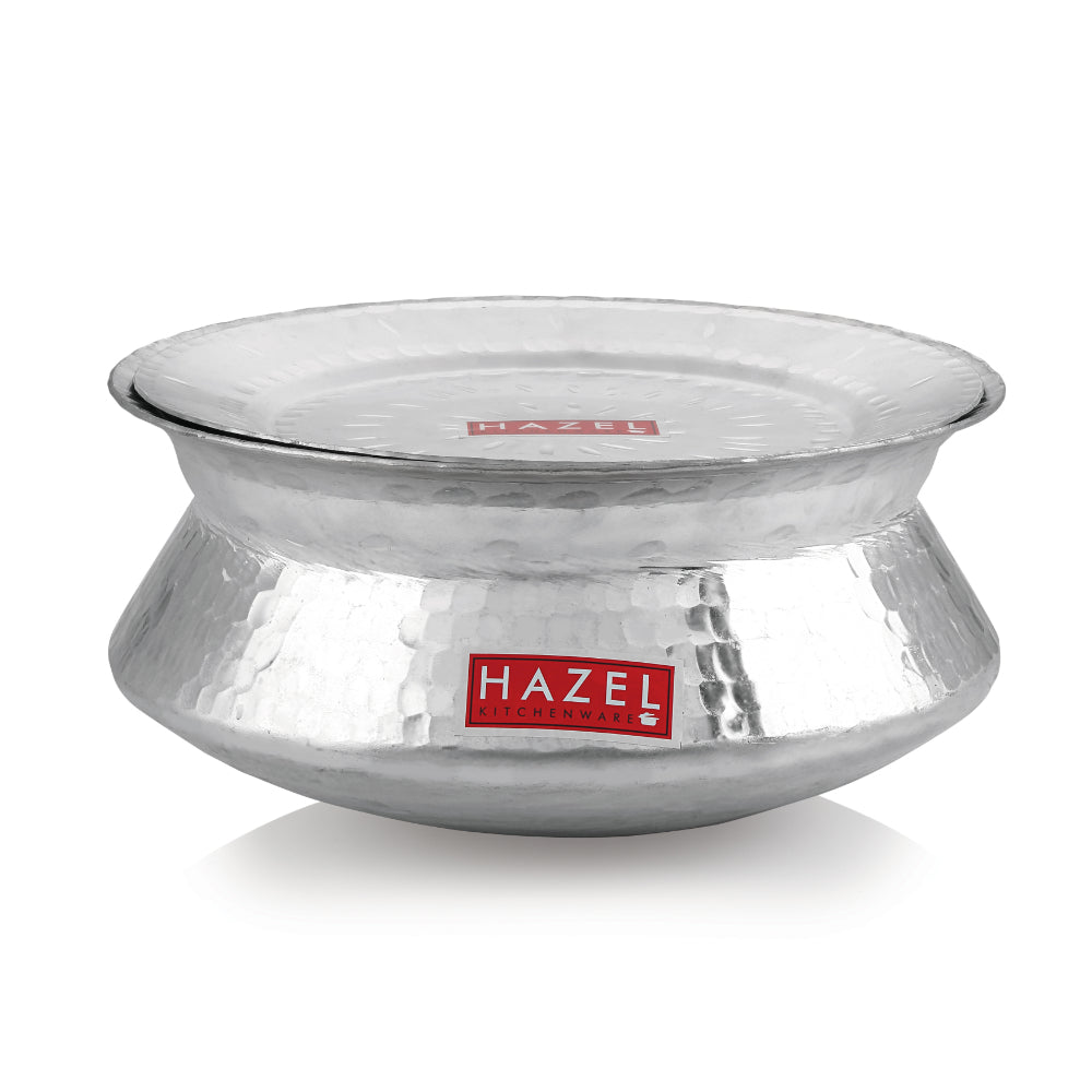 Hammered aluminium degri pot with lid on, shown fully assembled on a plain white background.