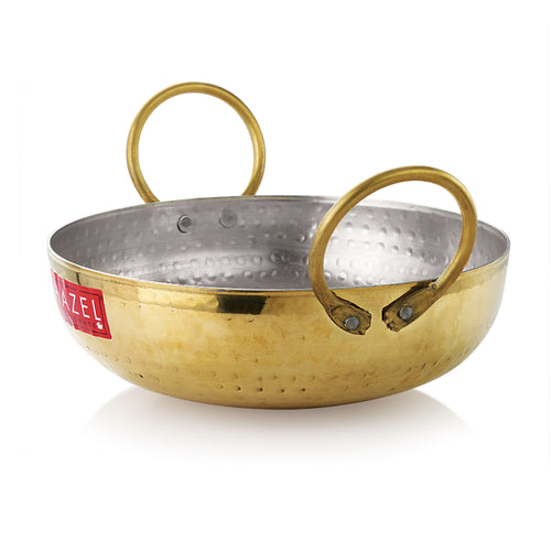 Empty 100% brass kadai with two handles and a steel interior, front view on a white background.