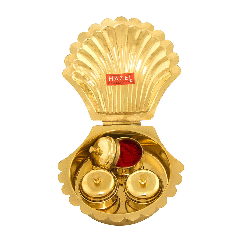 Brass  Haldi Kumkum Box with 3 Detachable Dabbis, 11.5cm
