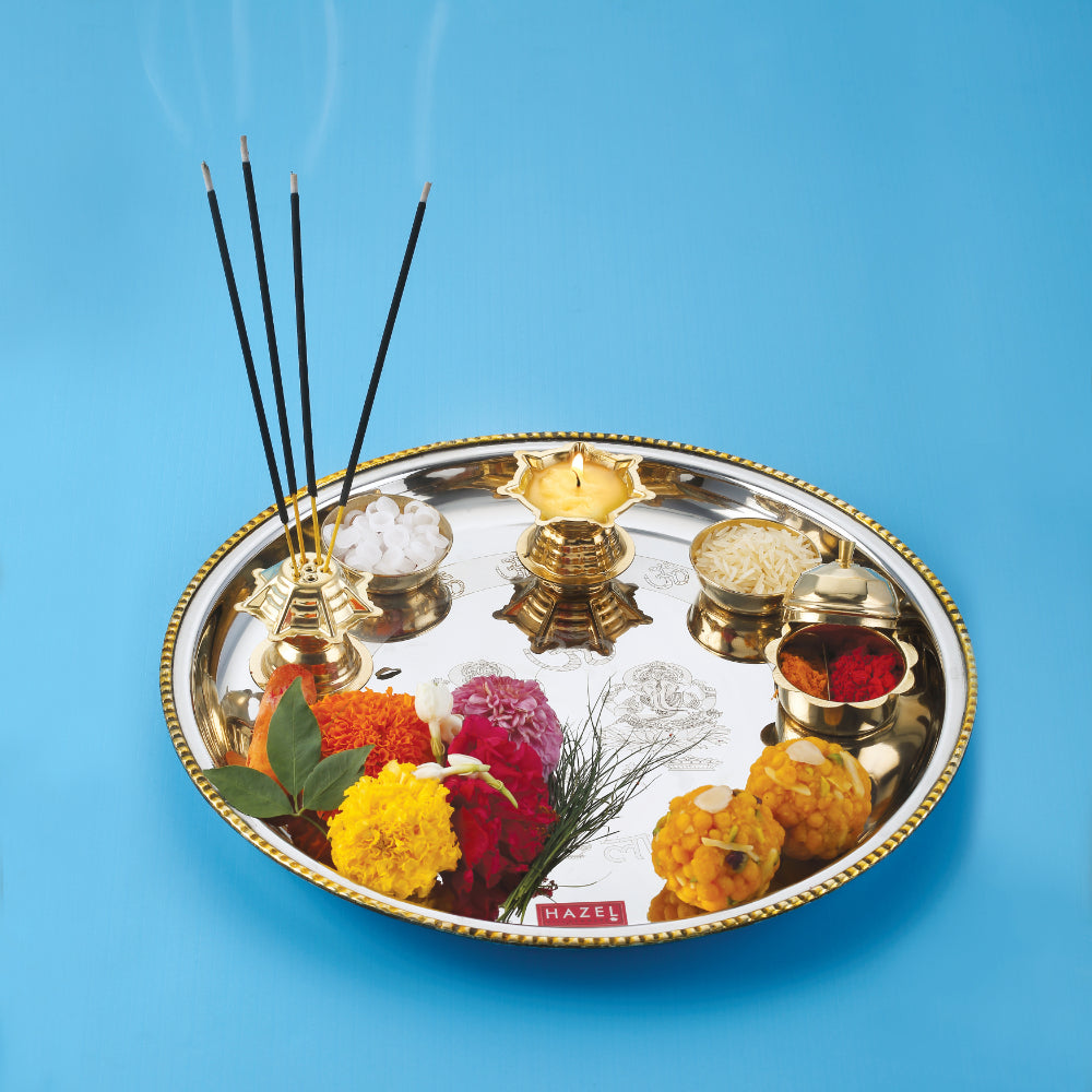 Round Pooja Aarti Thali Set with Diya, Vati & Katori for Home Temple