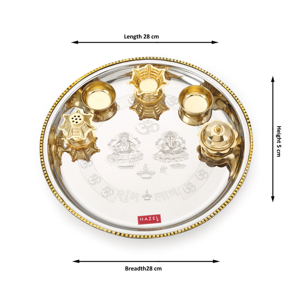 Empty pooja thali set annotated with length, breadth, and height measurements (28 cm x 28 cm x 5 cm).