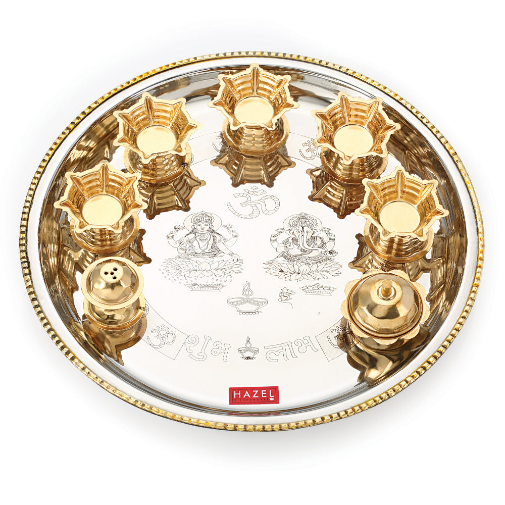 Stainless Steel Pooja Aarti Thali Set With 5pc Diya, 28 cm