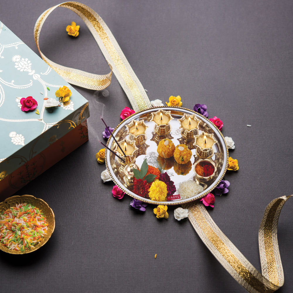 Stainless Steel Pooja Aarti Thali Set With 5pc Diya, 28 cm