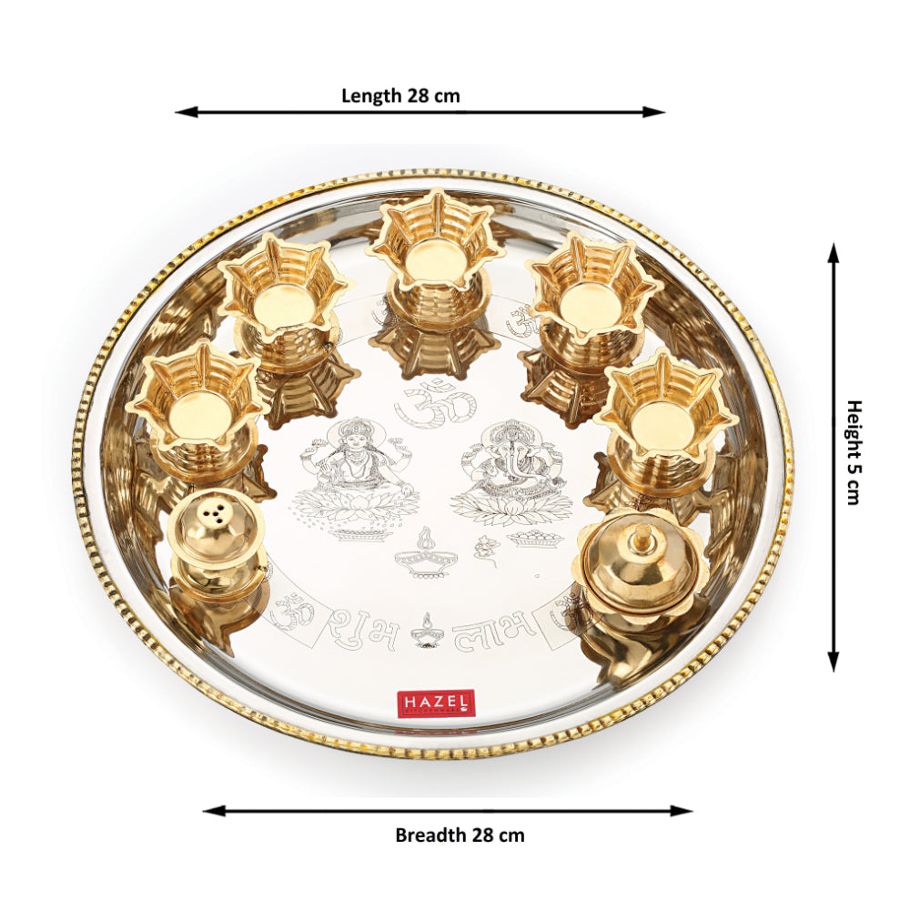 Stainless Steel Pooja Aarti Thali Set With 5pc Diya, 28 cm