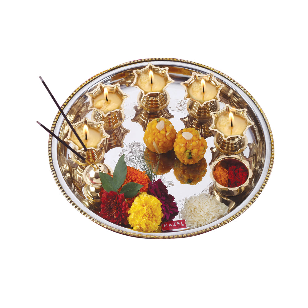 Stainless Steel Pooja Aarti Thali Set With 5pc Diya, 28 cm