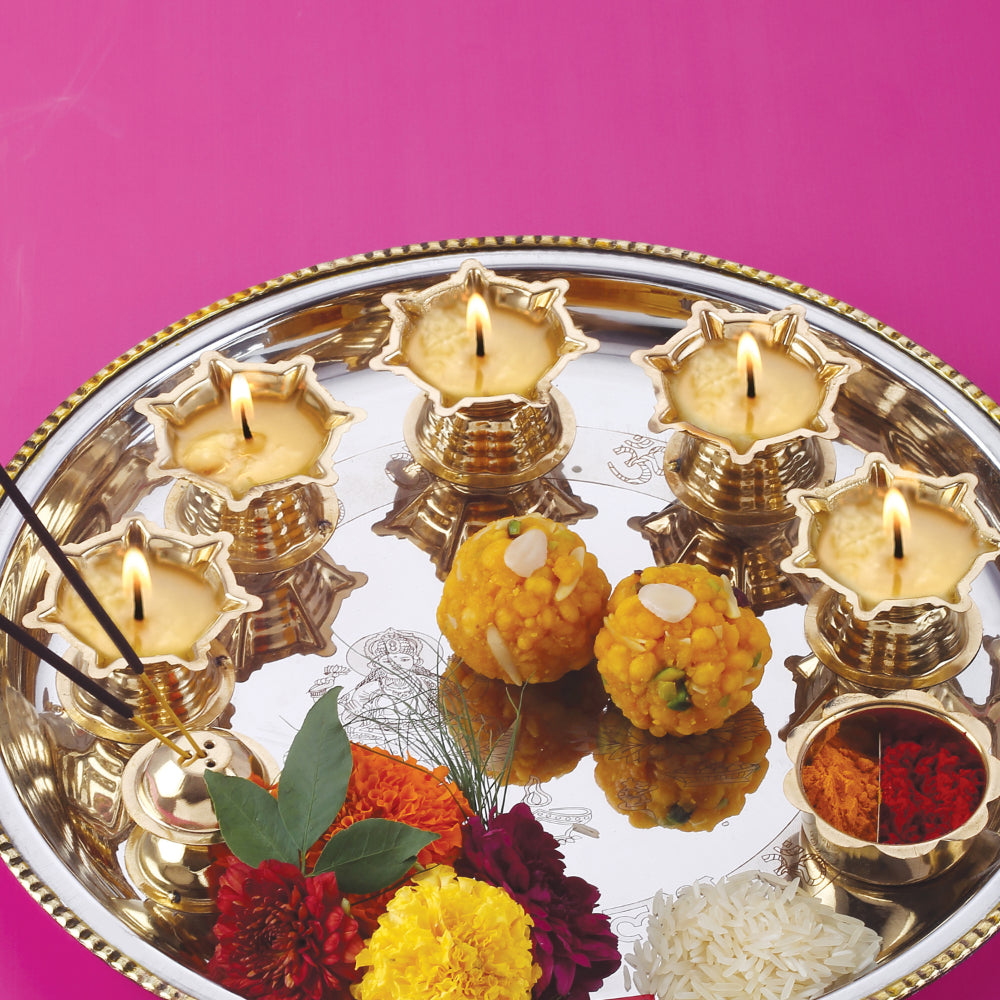 Stainless Steel Pooja Aarti Thali Set With 5pc Diya, 28 cm