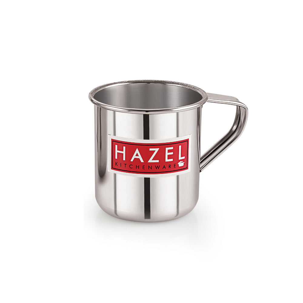 Single empty steel mug with handle, front view on a plain white background.