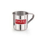 Single empty steel mug with handle, front view on a plain white background.