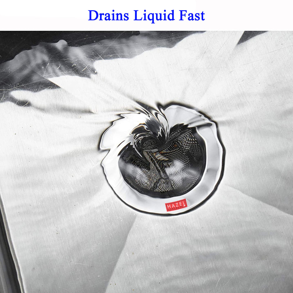 Sink strainer installed in a drain with water swirling through it, with a Drains Liquid Fast text heading above.