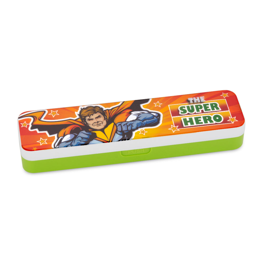 Closed pencil box shown from the front with its Super Hero character print on the lid, against a plain white background.