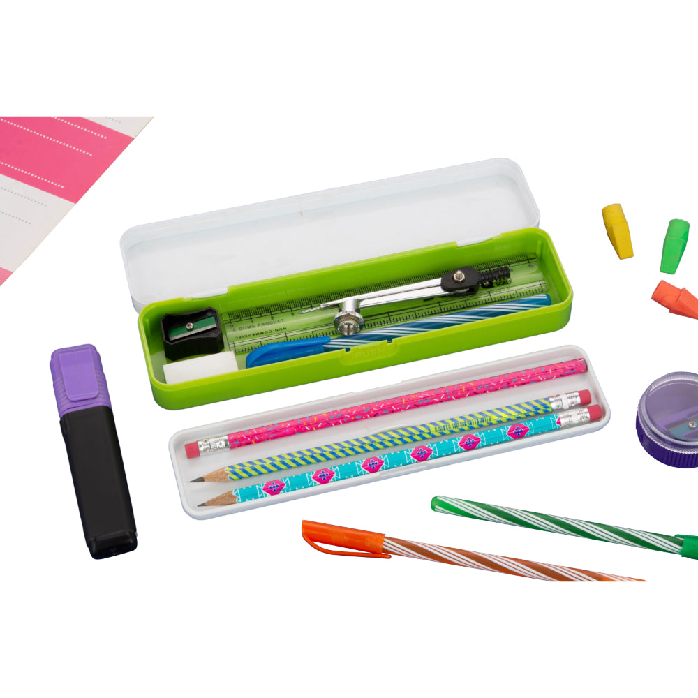 Open pencil box with compass, sharpener, pencils, and colorful erasers arranged on a light surface with a pink.