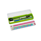 Open pencil box showing the compass and pencil tray compartments, against a plain white background.
