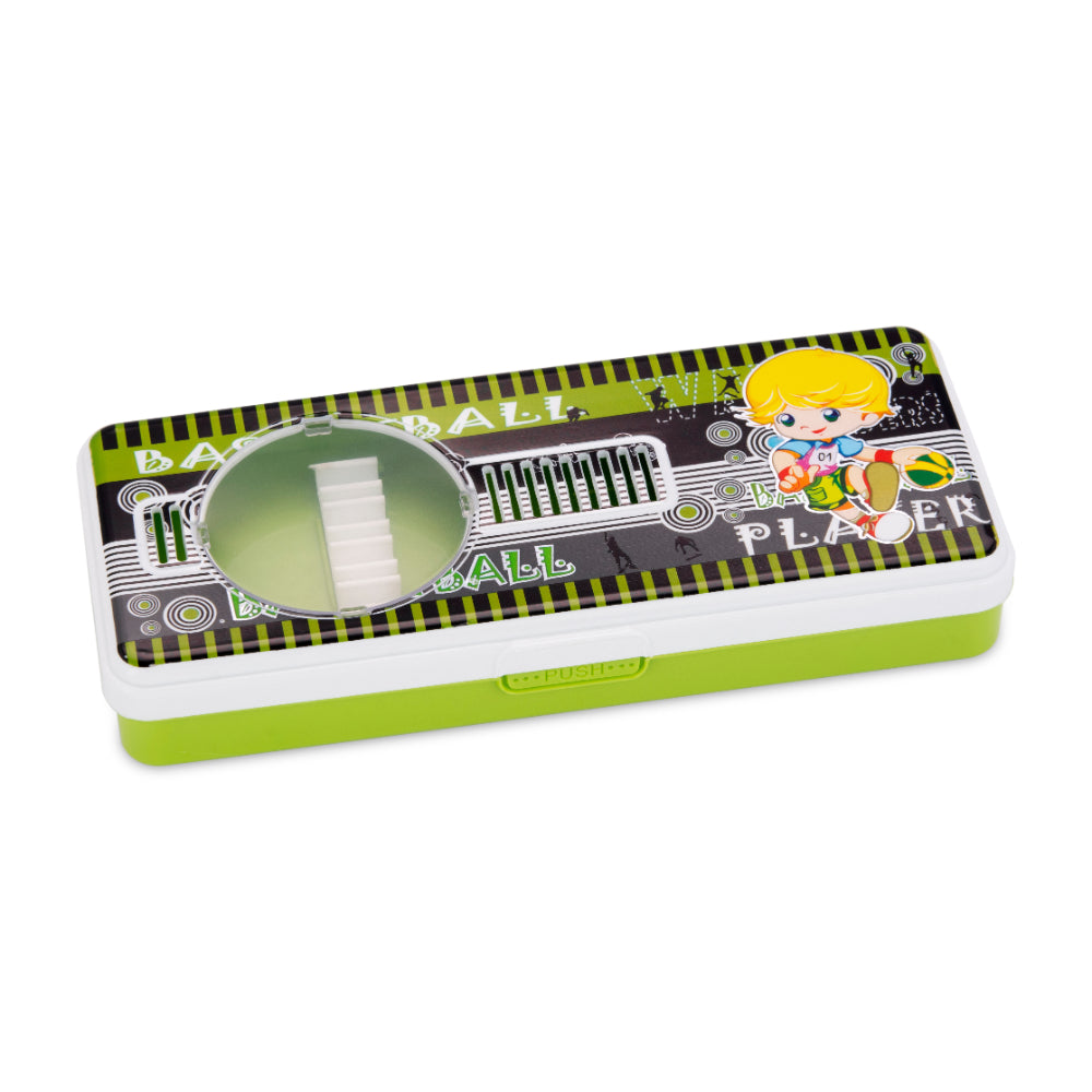 Closed pencil box with a printed cartoon graphic lid, shown at an angle against a white background.