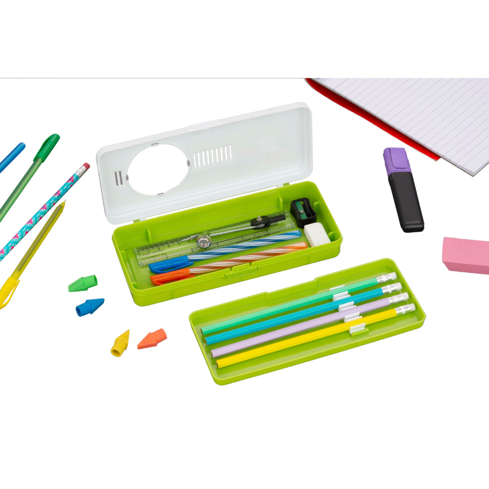 Open pencil box with tray of pencils and erasers, with loose pens, pencils, a marker, and a notebook corner nearby.