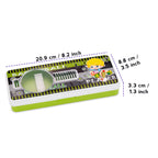 Pencil box annotated with length, width, and height dimensions (20.9 cm and 8.2 inch, 8.8 cm and 3.5 inch, 3.3 cm.