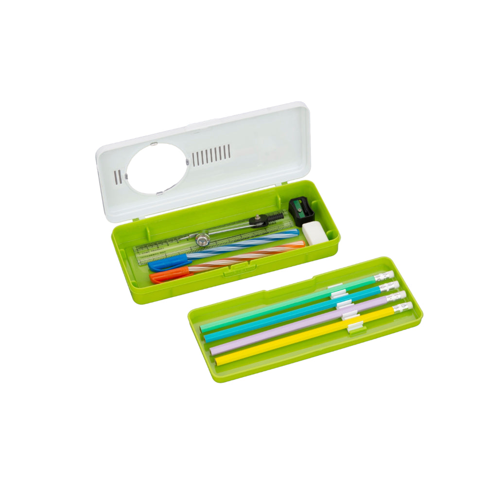 Open pencil box with a tray of pencils and a second separate tray shown below, against a white background.