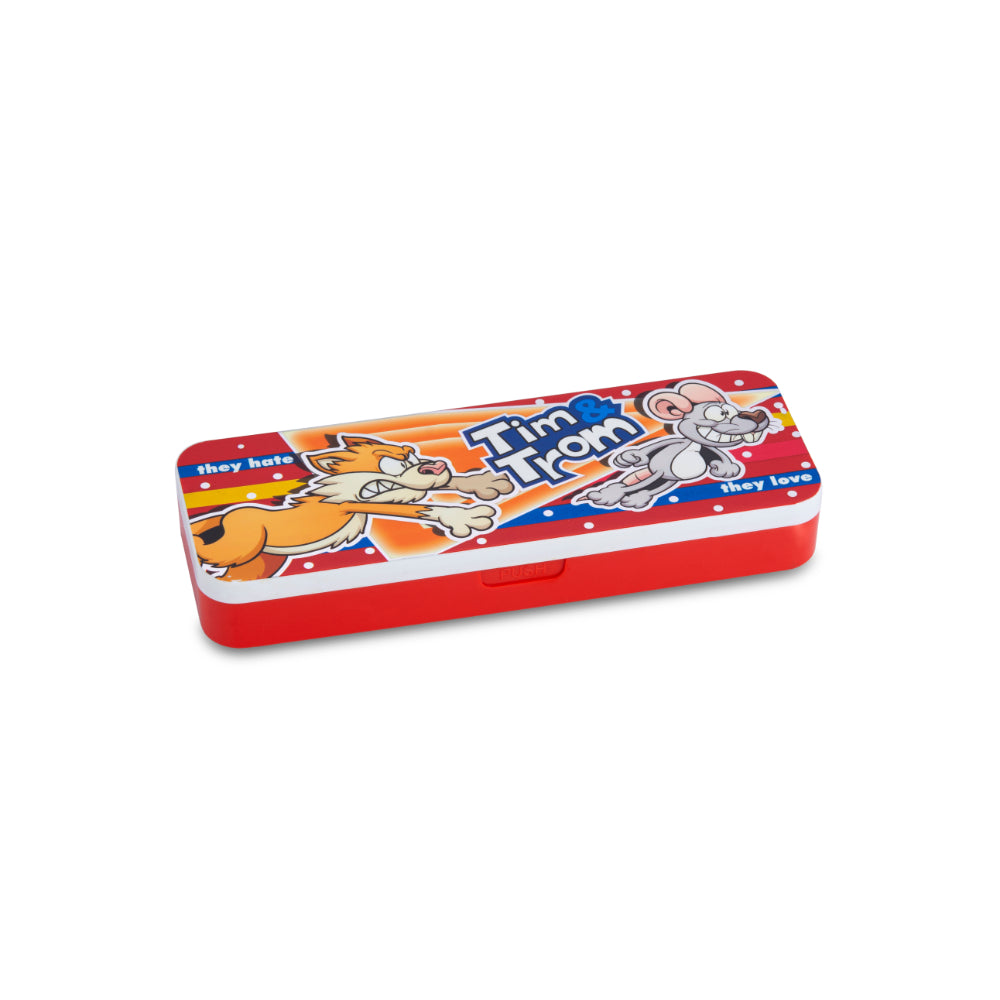 The closed red pencil case with a printed cartoon-character design, shown at an angle against a plain white background.
