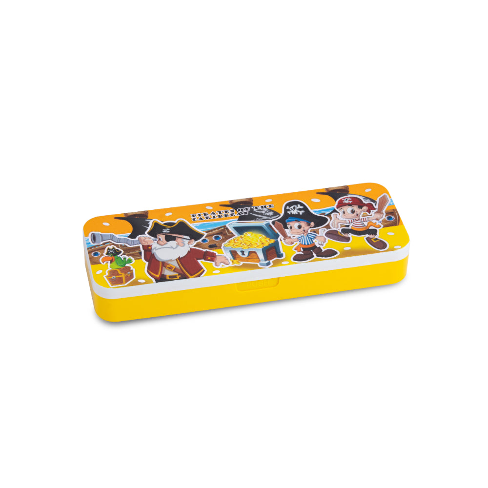 Yellow pencil case with cartoon pirate graphics across the lid.