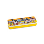 Yellow pencil case with cartoon pirate graphics across the lid.