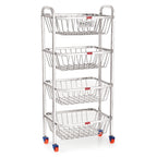Stainless Steel 4-Layer Fruit & Vegetable Basket Trolley with Wheels, 14 x 32.8 Inches