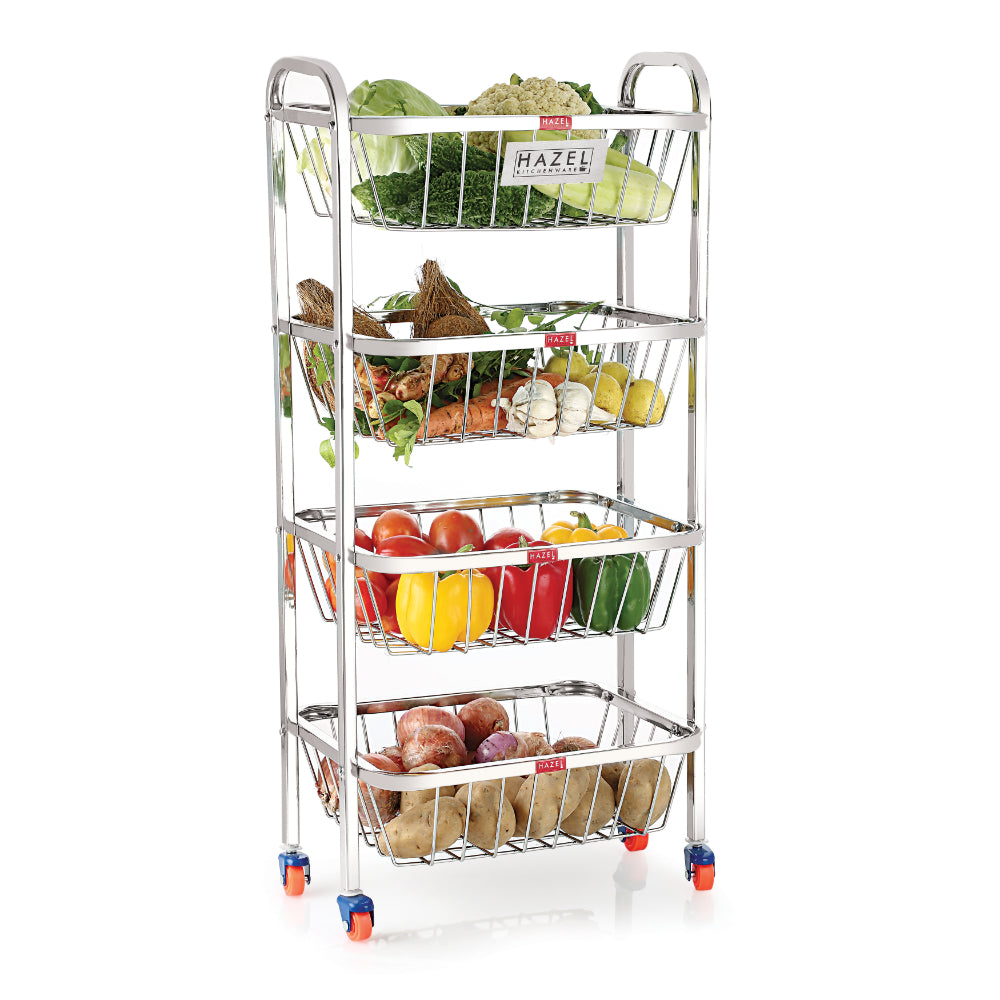 Stainless Steel 4-Layer Fruit & Vegetable Basket Trolley with Wheels, 14 x 32.8 Inches