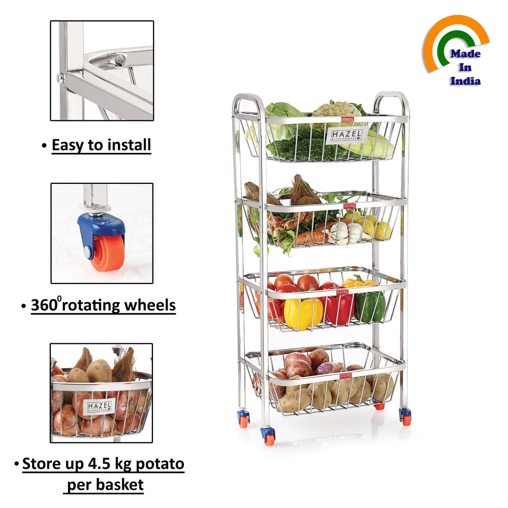Stainless Steel 4-Layer Fruit & Vegetable Basket Trolley with Wheels, 14 x 32.8 Inches