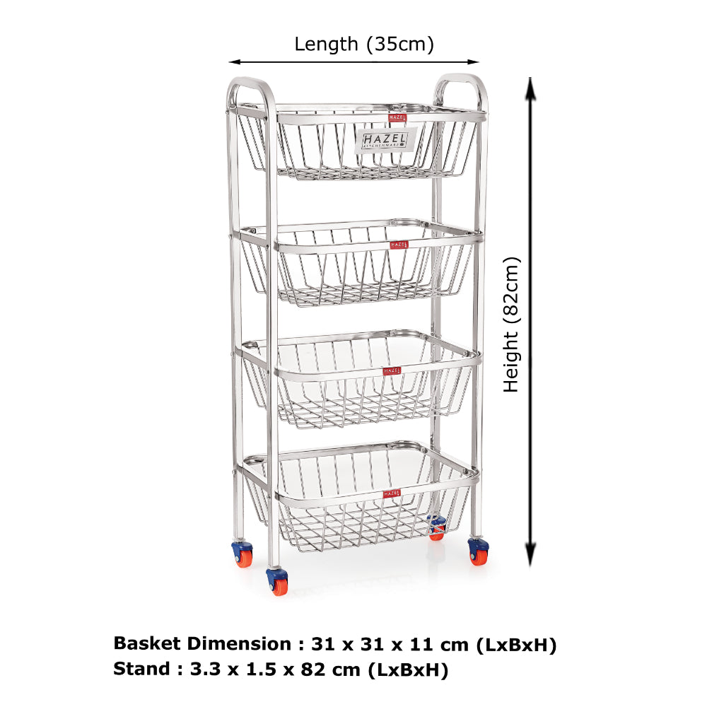 Stainless Steel 4-Layer Fruit & Vegetable Basket Trolley with Wheels, 14 x 32.8 Inches