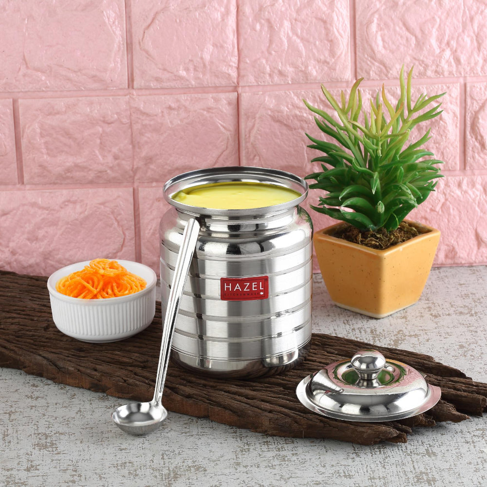 Stainless Steel Ghee Pot with Spoon and Lid Ð 275 ML