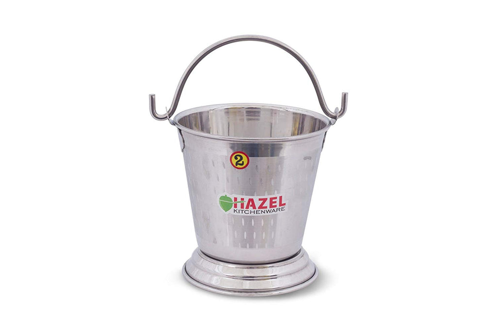 Front view of the stainless steel serving bucket with its wire handle raised.