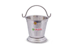 Front view of the stainless steel serving bucket with its wire handle raised.