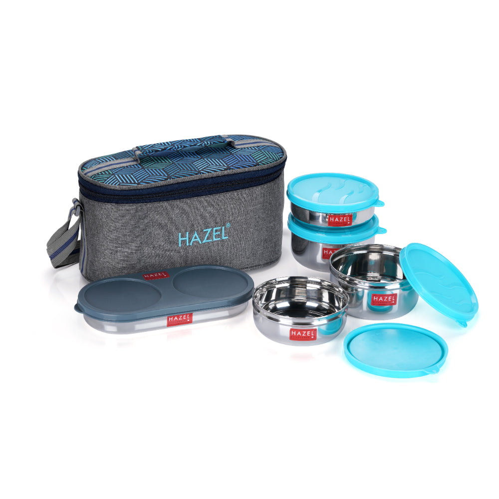 Steel Lunch Box Set  with Bag |5 Air Tight Steel Box (2 Pc - 450 ML, 2 Pc -300 ML and 1 Roti Conatiner)