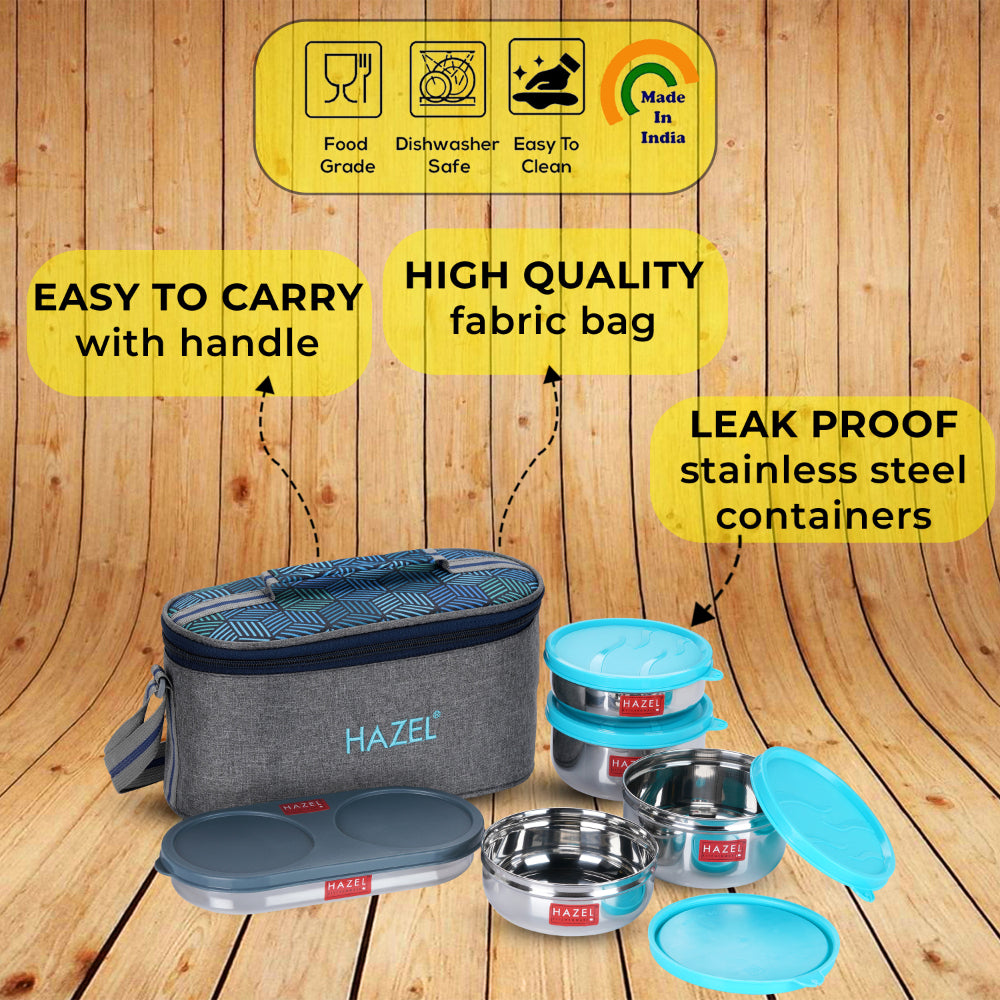 Steel Lunch Box Set  with Bag |5 Air Tight Steel Box (2 Pc - 450 ML, 2 Pc -300 ML and 1 Roti Conatiner)