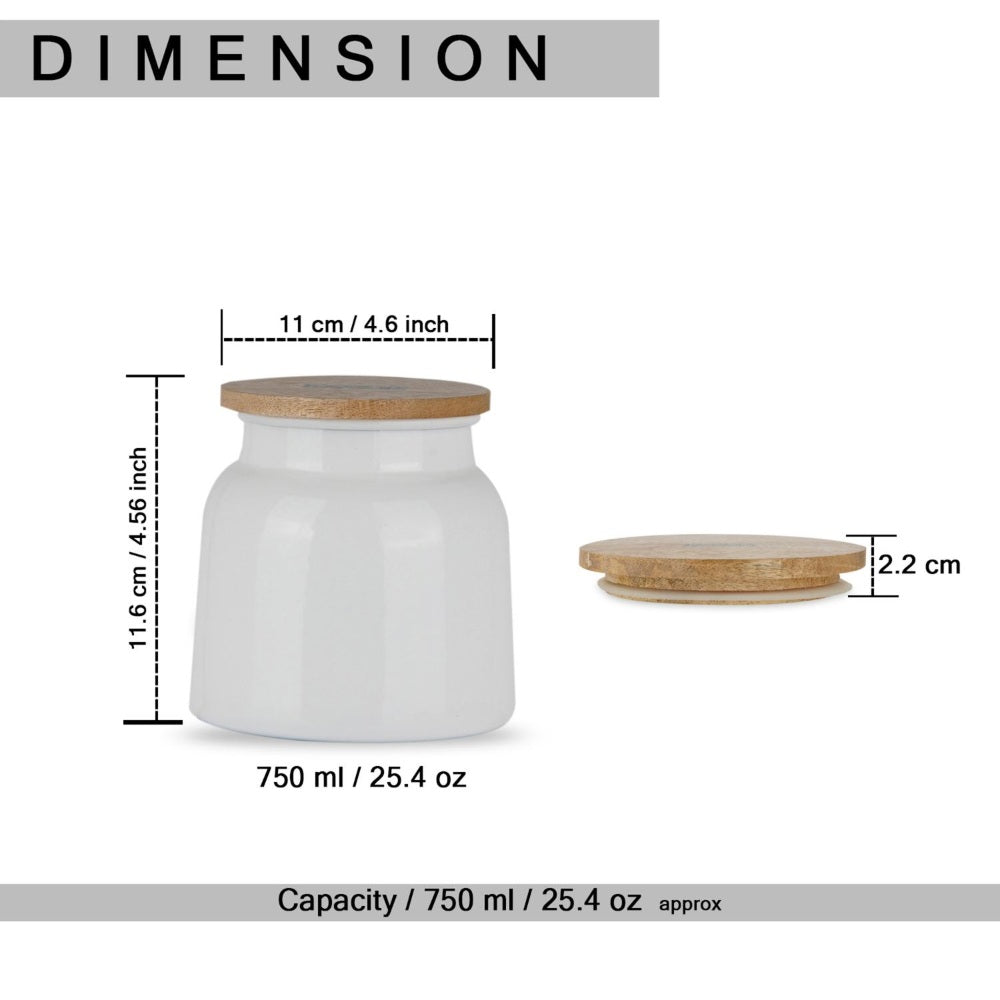 Jar and lid annotated with width, height, and capacity dimension callouts (750 ml).
