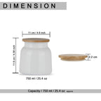 Jar and lid annotated with width, height, and capacity dimension callouts (750 ml).