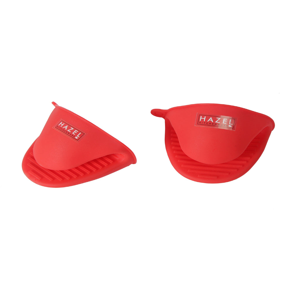 Two red silicone mitts of different shapes shown side by side on a white background.