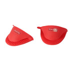 Two red silicone mitts of different shapes shown side by side on a white background.