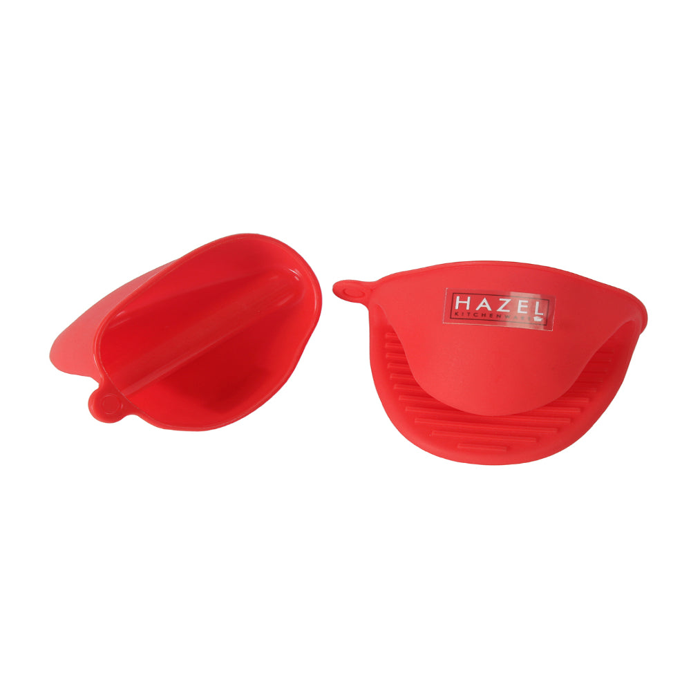 Two red silicone mitts shown side by side at a different angle on a white background.