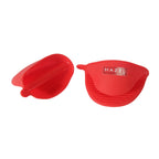 Two red silicone mitts shown side by side at a different angle on a white background.