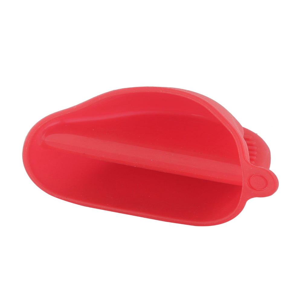 Single red silicone mitt angled to show its ribbed grip interior, on a white background.