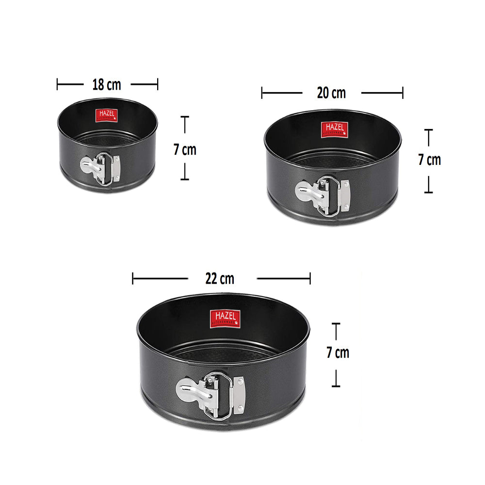 Aluminium Non Stick Springform Cake Mould – Set of 3 (500, 750, 1000 ML) with product details and measurements