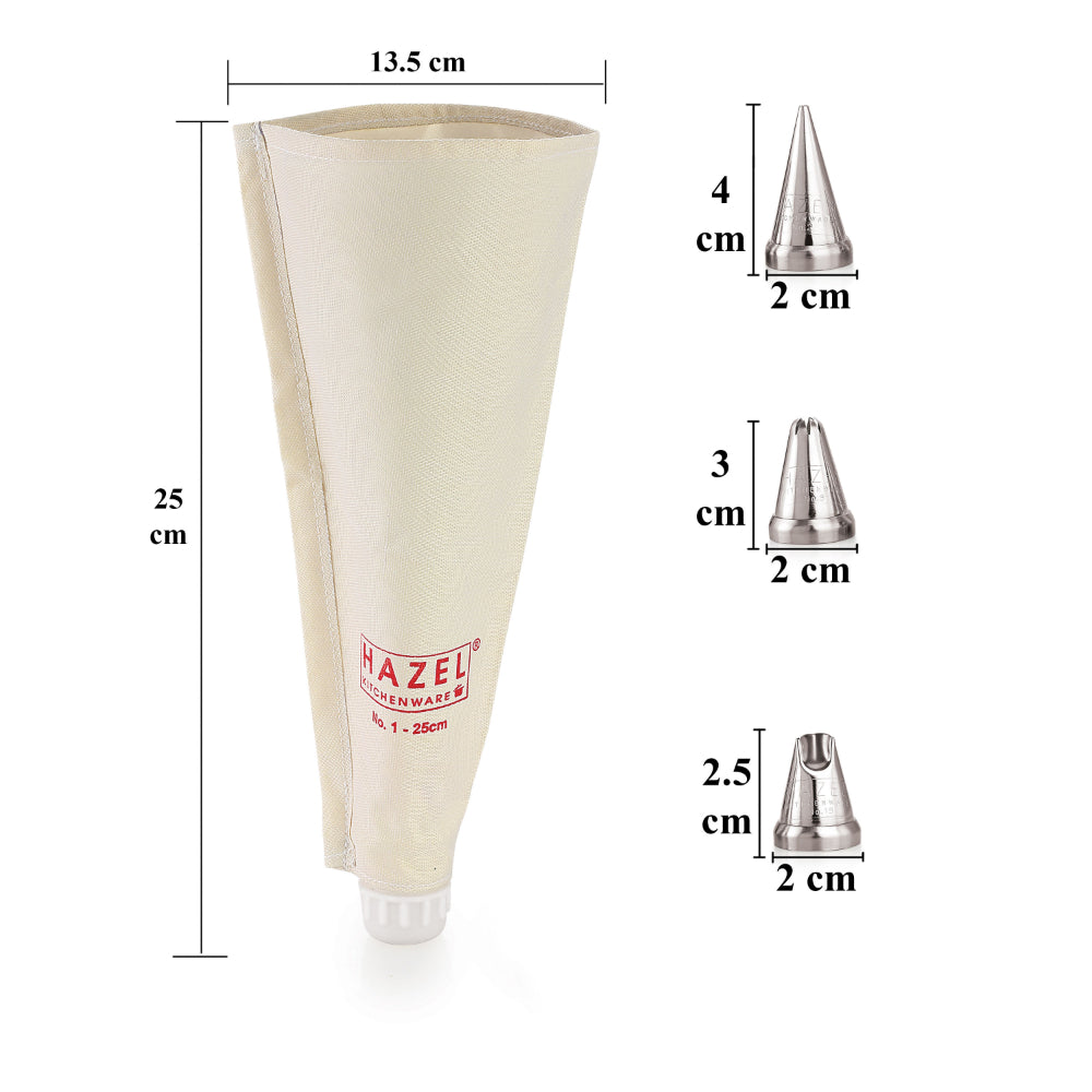 Reusable Piping Bag with 3 Nozzles, 25 cm, White
