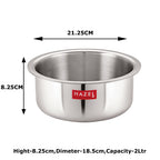 Empty steel tope annotated with 21.25 cm diameter and 8.25 cm height dimensions.
